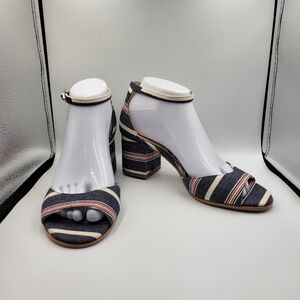 Sam Edelman Susie Striped Denim Ankle Strap Sandal Block Heel Sz 7.5